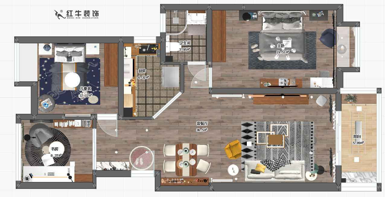仇美蓉_莱蒙水榭阳光6栋605-115㎡-北欧风格_平面图